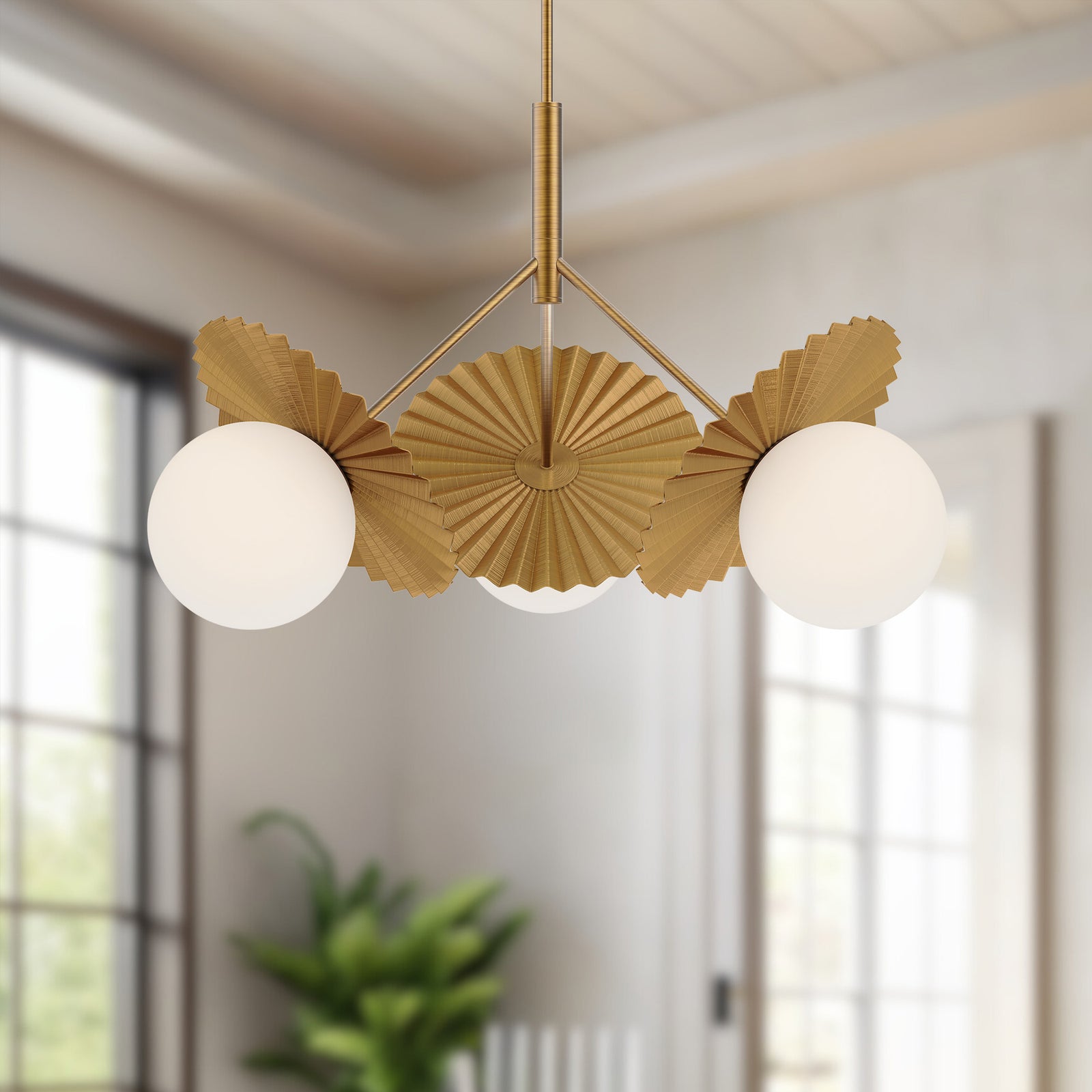 Plume 34-in Brushed Gold/Opal Glass 3 Lights Chandeliers