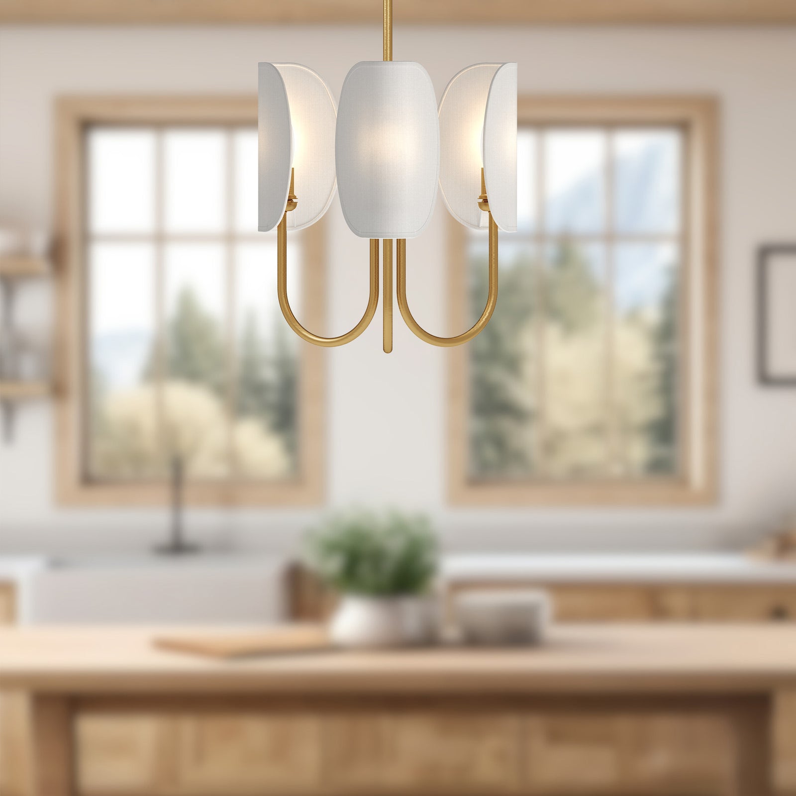 Seno 15-in Aged Gold/White Cotton Fabric 3 Lights Chandeliers