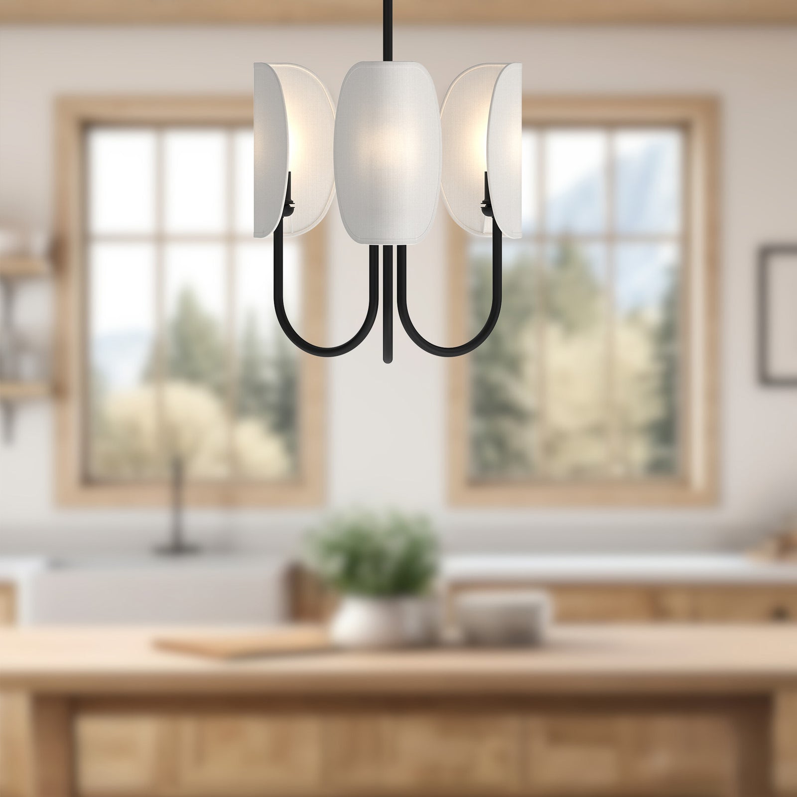 Seno 15-in Matte Black/White Cotton Fabric 3 Lights Chandeliers
