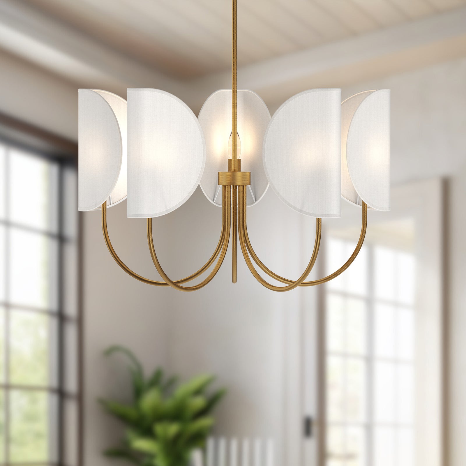 Seno 32-in Aged Gold/White Cotton Fabric 5 Lights Chandeliers