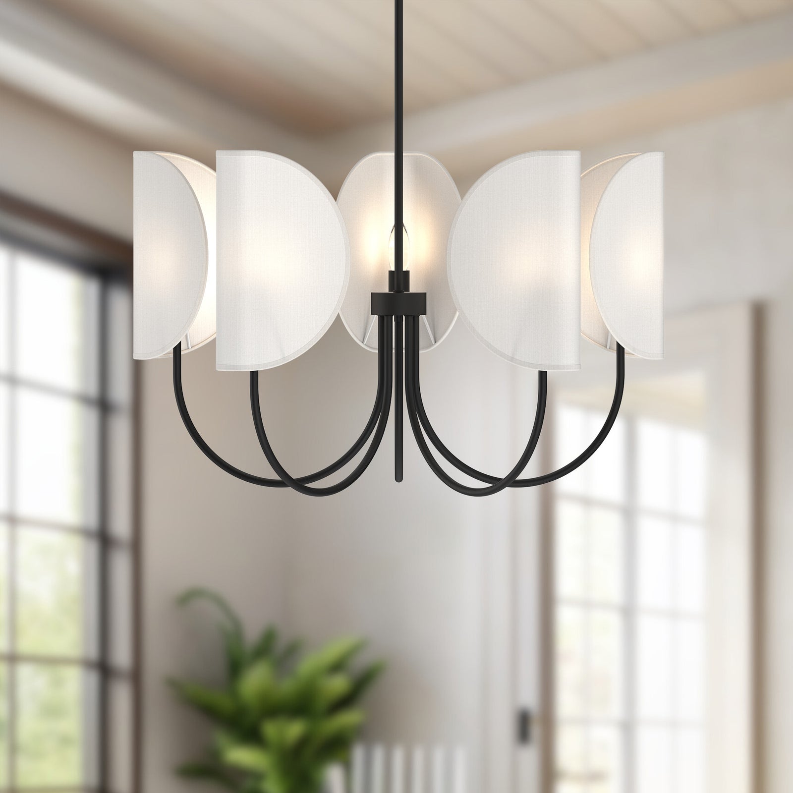Seno 32-in Matte Black/White Cotton Fabric 5 Lights Chandeliers