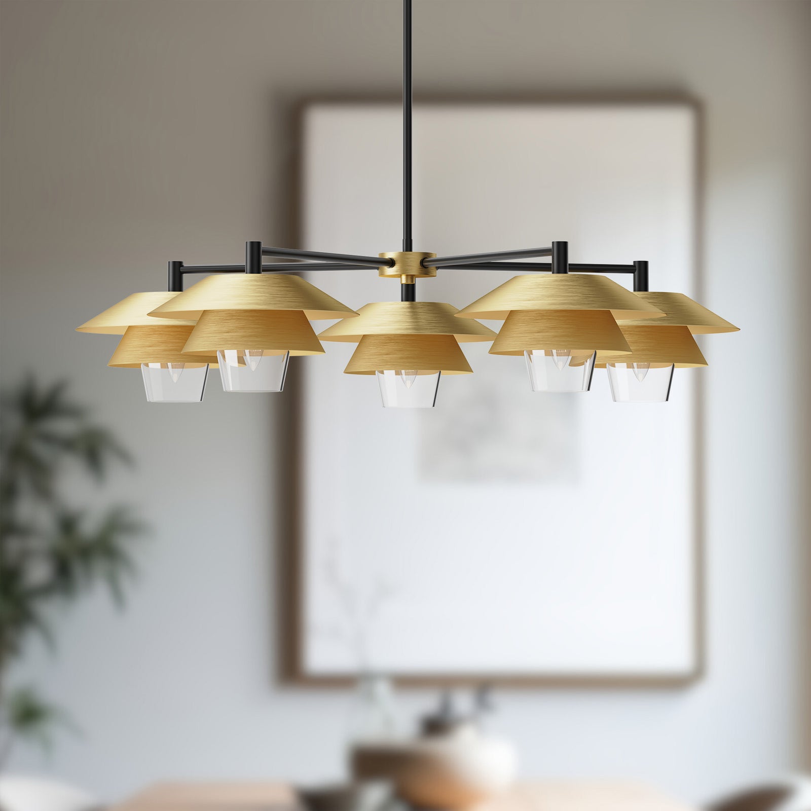 Tetsu 38-in Brushed Gold/Clear Glass 5 Lights Chandeliers