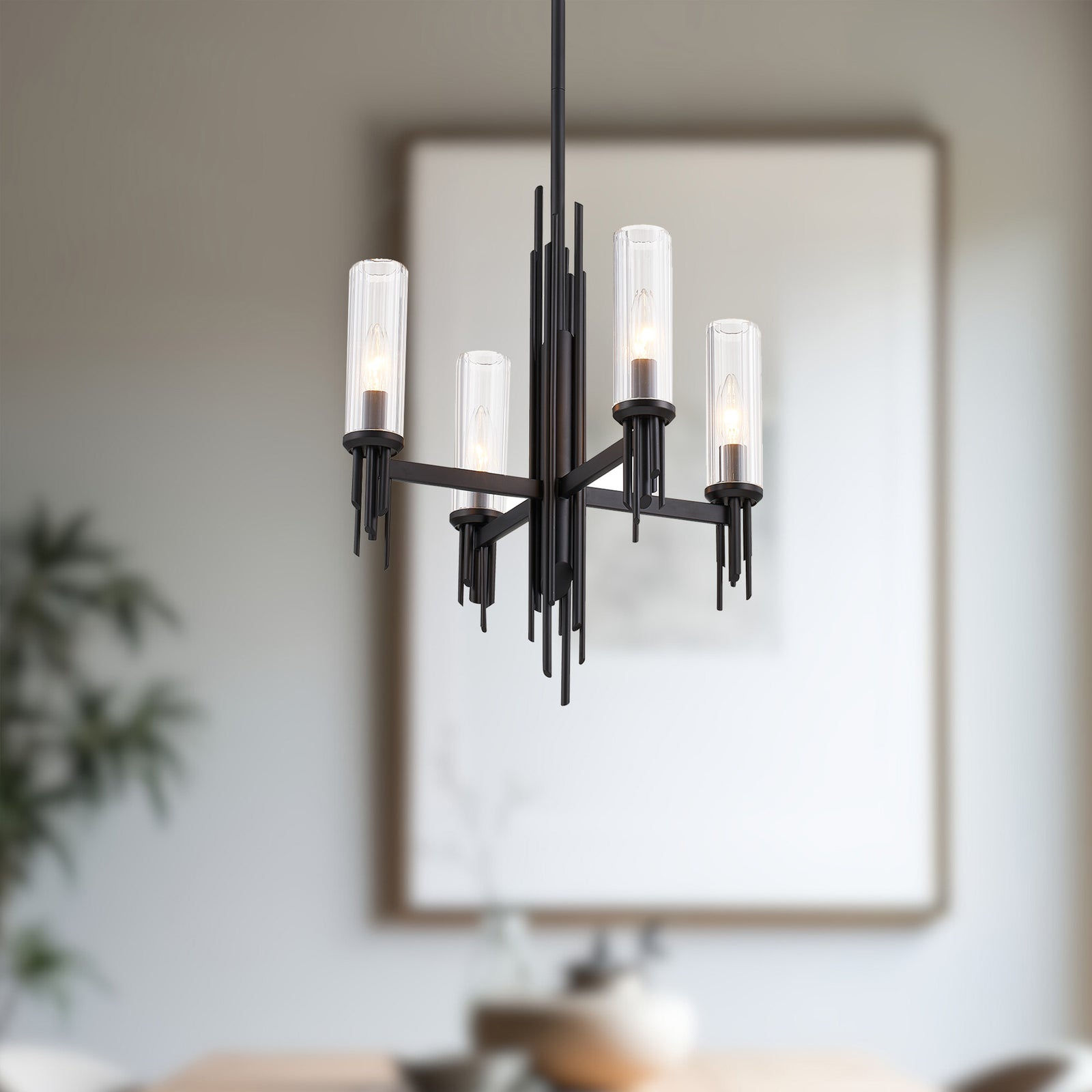 Torres 18-in Clear Ribbed Glass/Matte Black 4 Lights Chandeliers