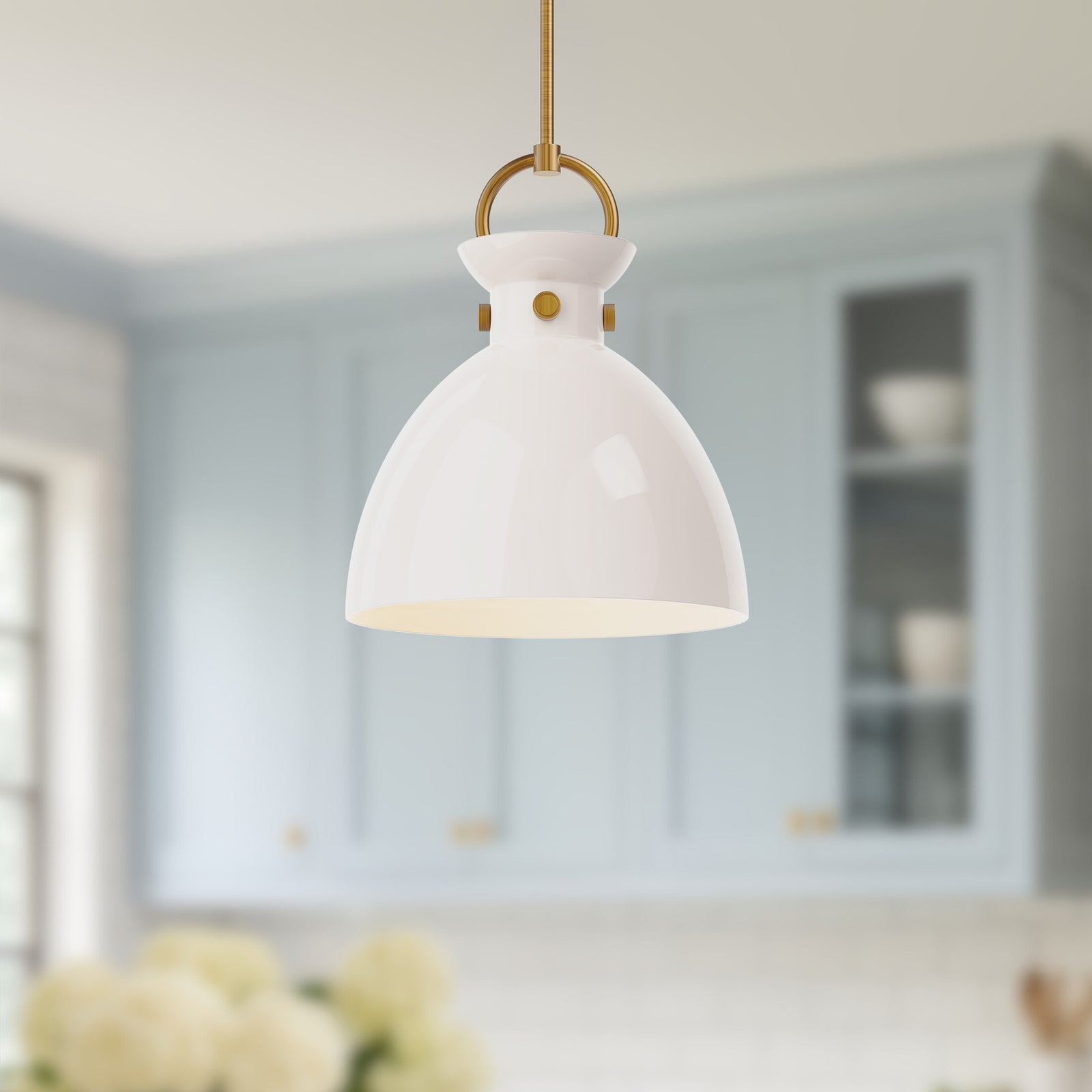 Waldo 14-in Aged Gold/Glossy Opal Glass 1 Light Pendant