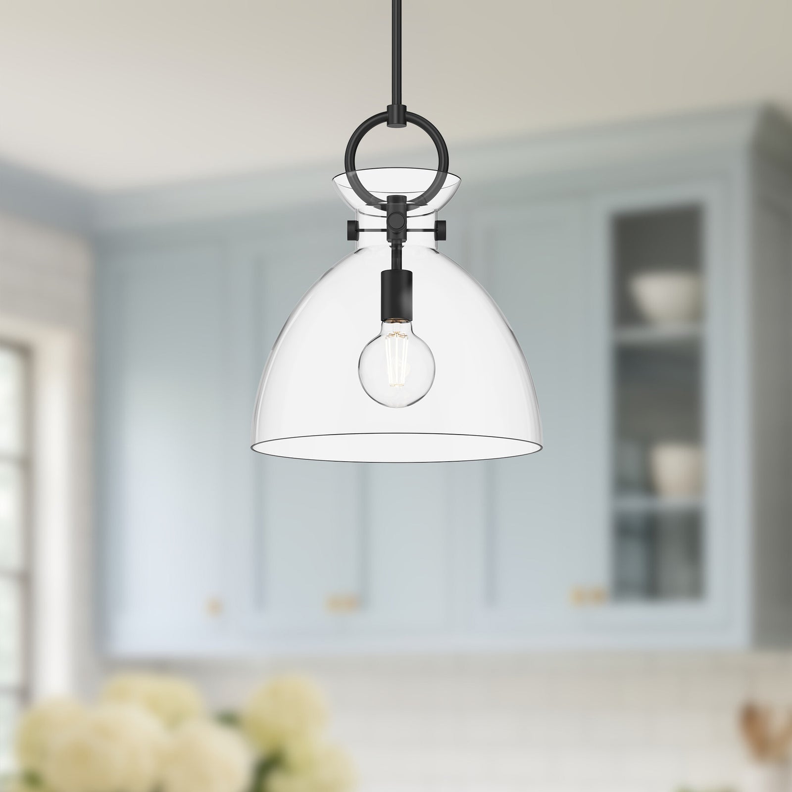 Waldo 14-in Matte Black/Clear Glass 1 Light Pendant