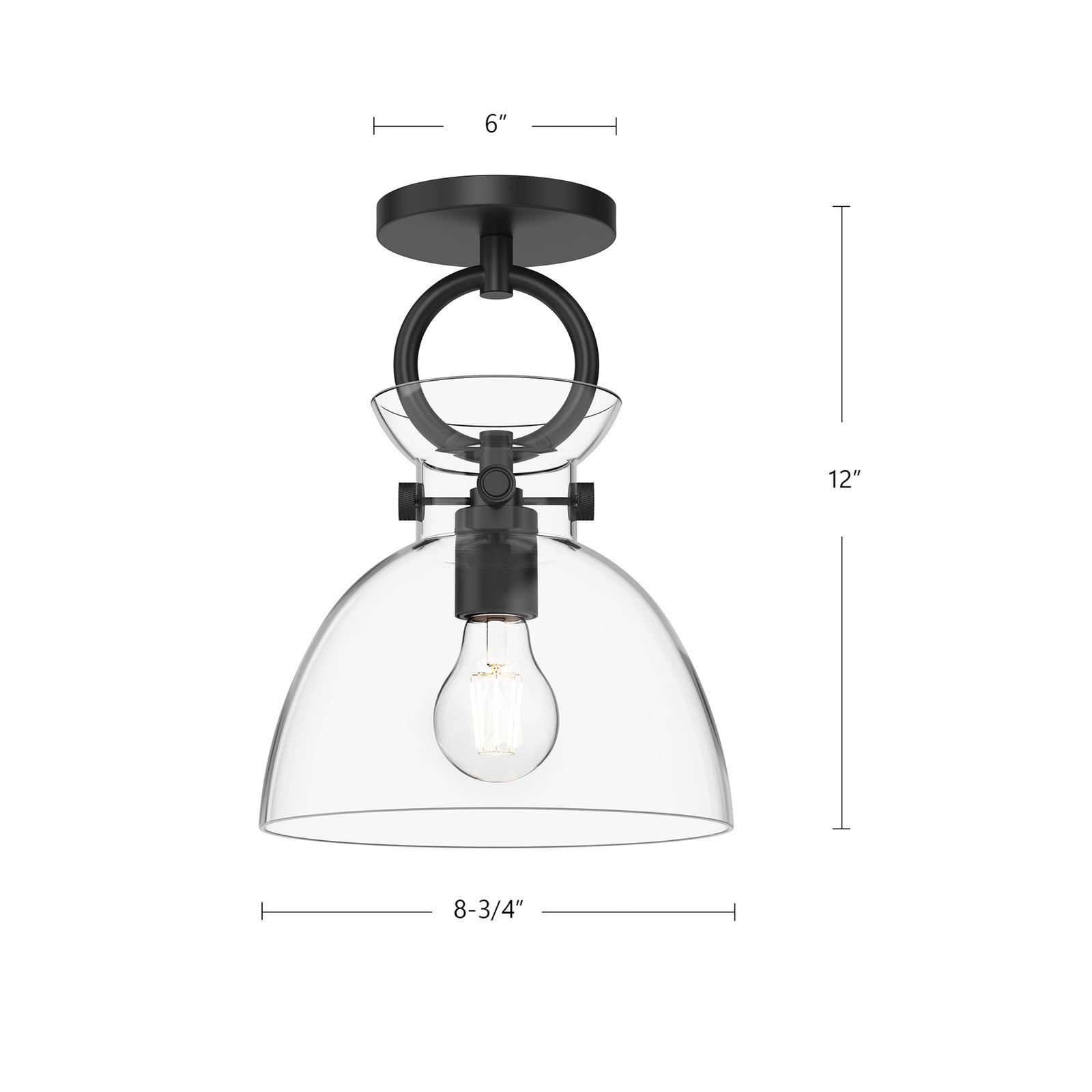 Waldo 9-in Matte Black/Clear Glass 1 Light Semi Flush Mount