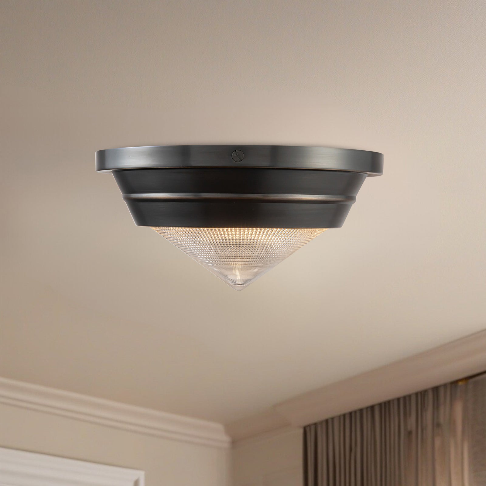 Willard 10-in Urban Bronze/Prismatic Glass 1 Light Flush Mount